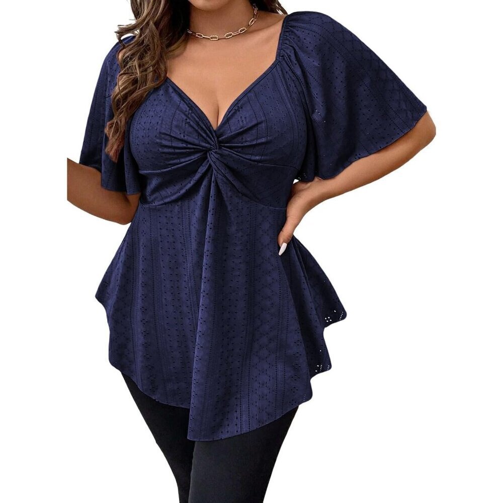 Plus Size Women’s Summer V-Neck Short Sleeve Eyelet Embroidered Blouse